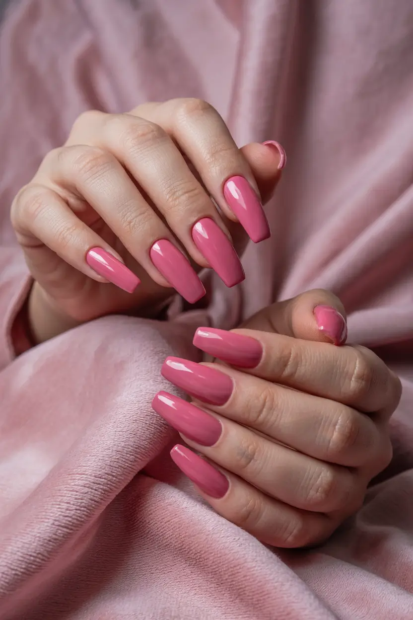 pink nails inspiration 2026 Classic Rosy Pink Coffin Nails for Everyday Elegance
