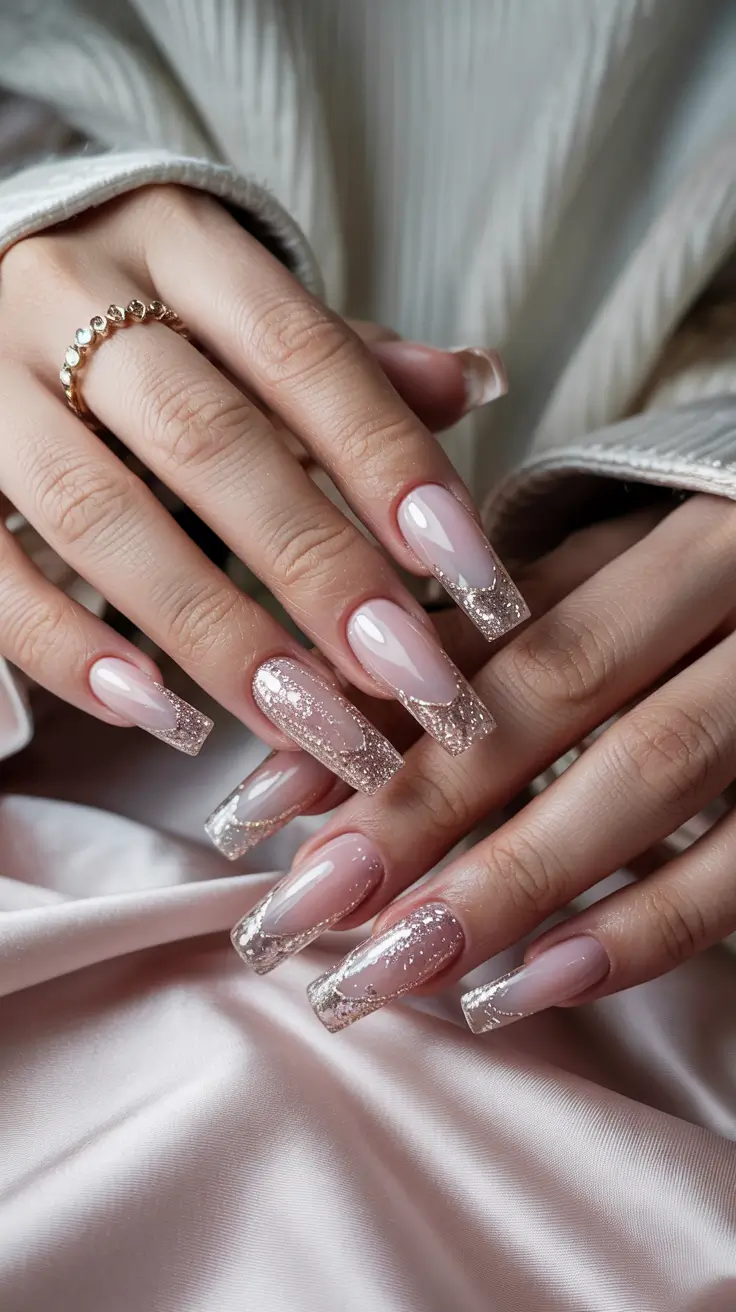 pink nails inspiration 2026 Glitter Gradient French with a Soft Pink Base