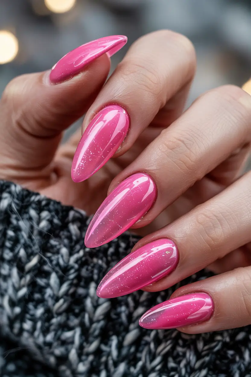 pink nails inspiration 2026 Hot Shiny Almond Pink Glow