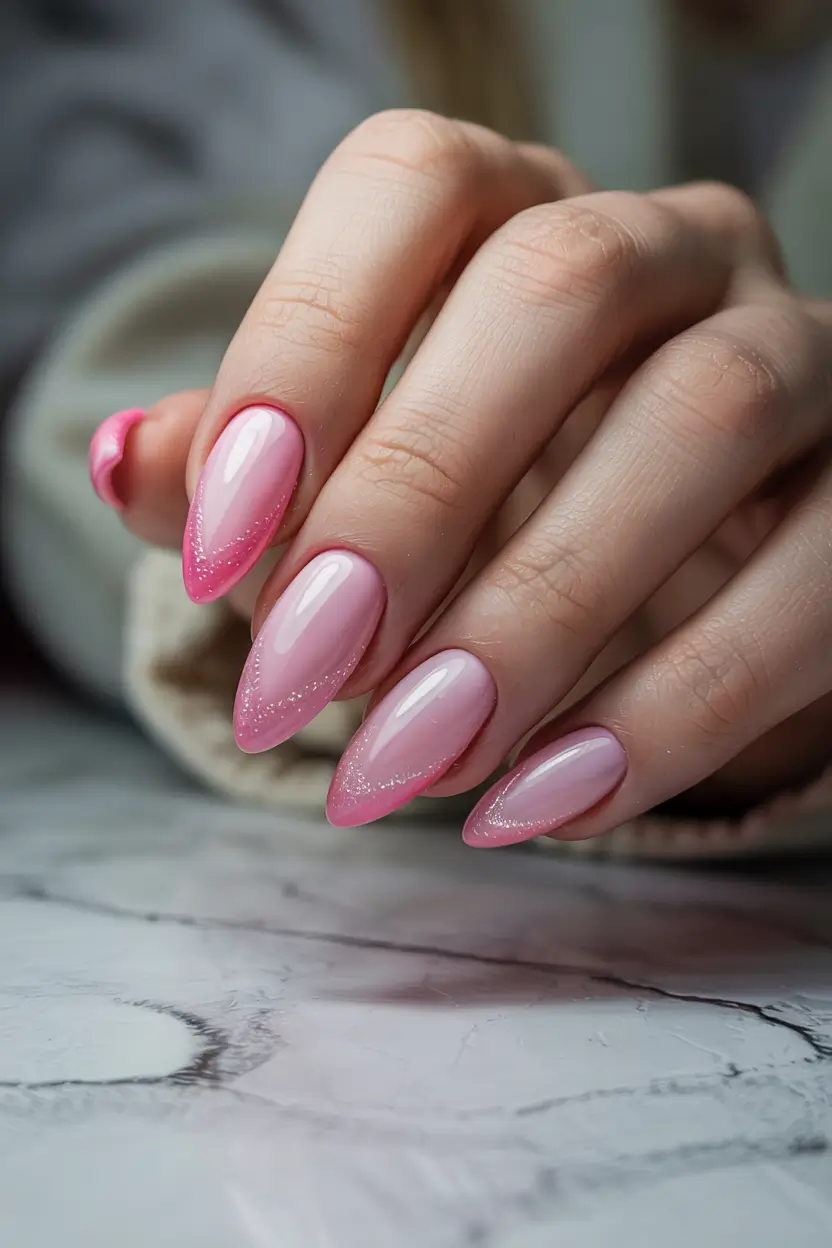 pink nails inspiration 2026 Soft Pink Almond Nails with Delicate Shimmer Edge