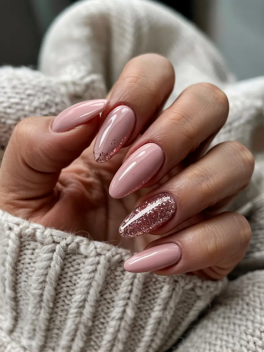 pink nails inspiration 2026 Soft Blush and Glitter Blend for Cozy Seasons