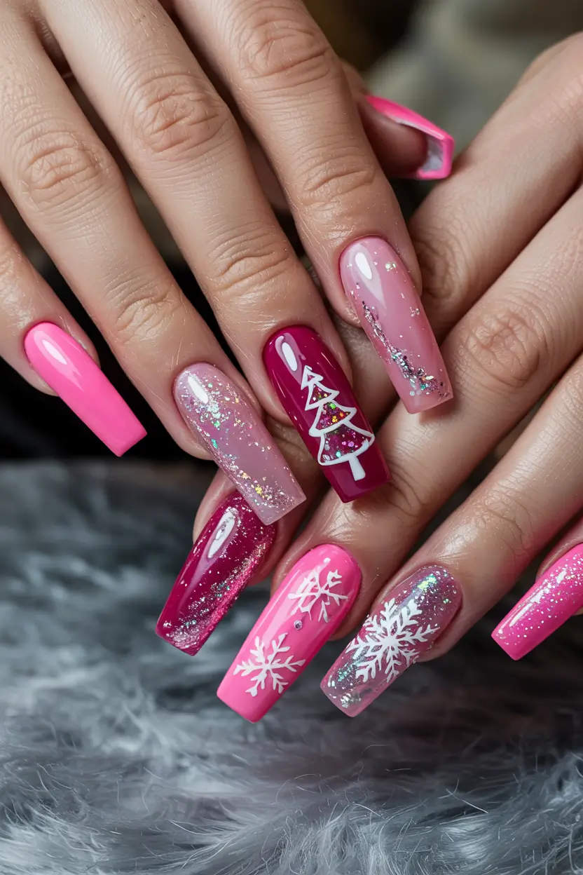pink nails inspiration 2026 Festive Pink Holiday Art for Playful Winter Moments