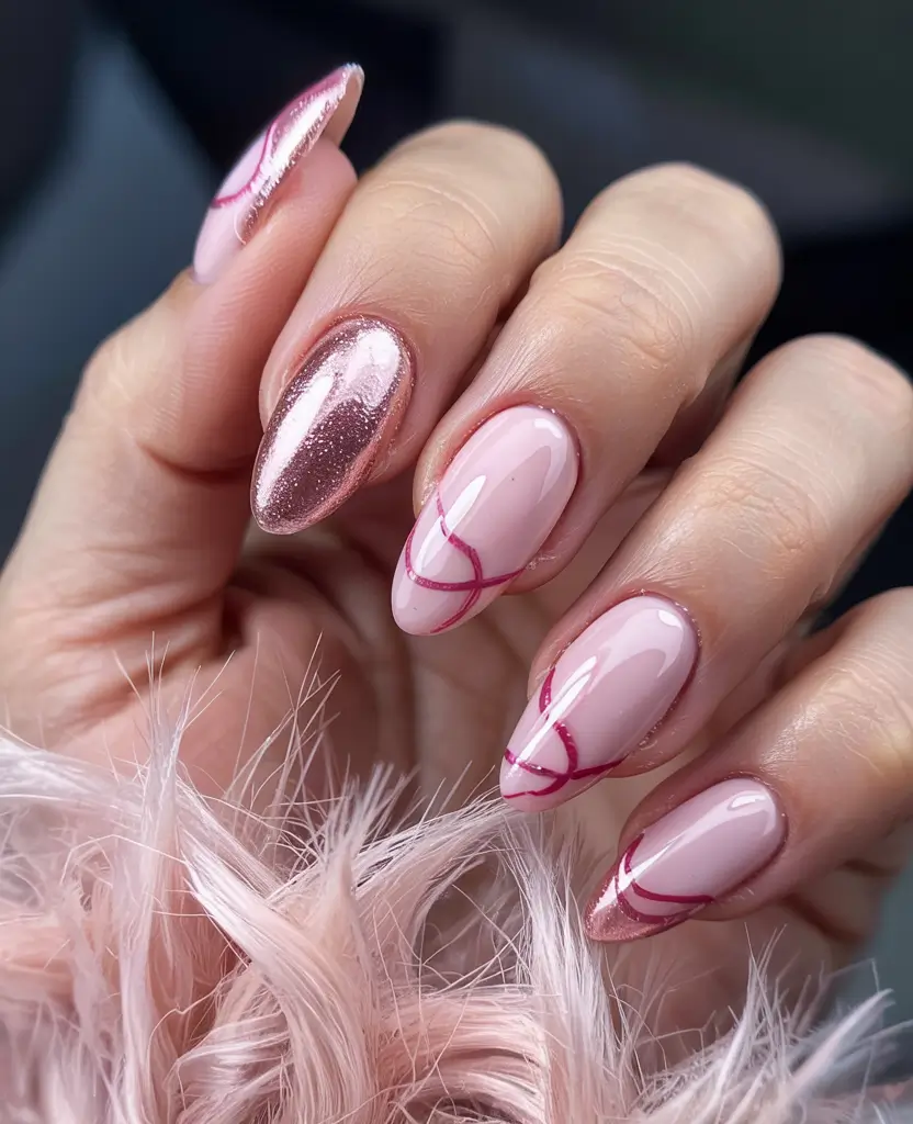pink nails inspiration 2026 Minimal Lines with Rosy Chrome Accents