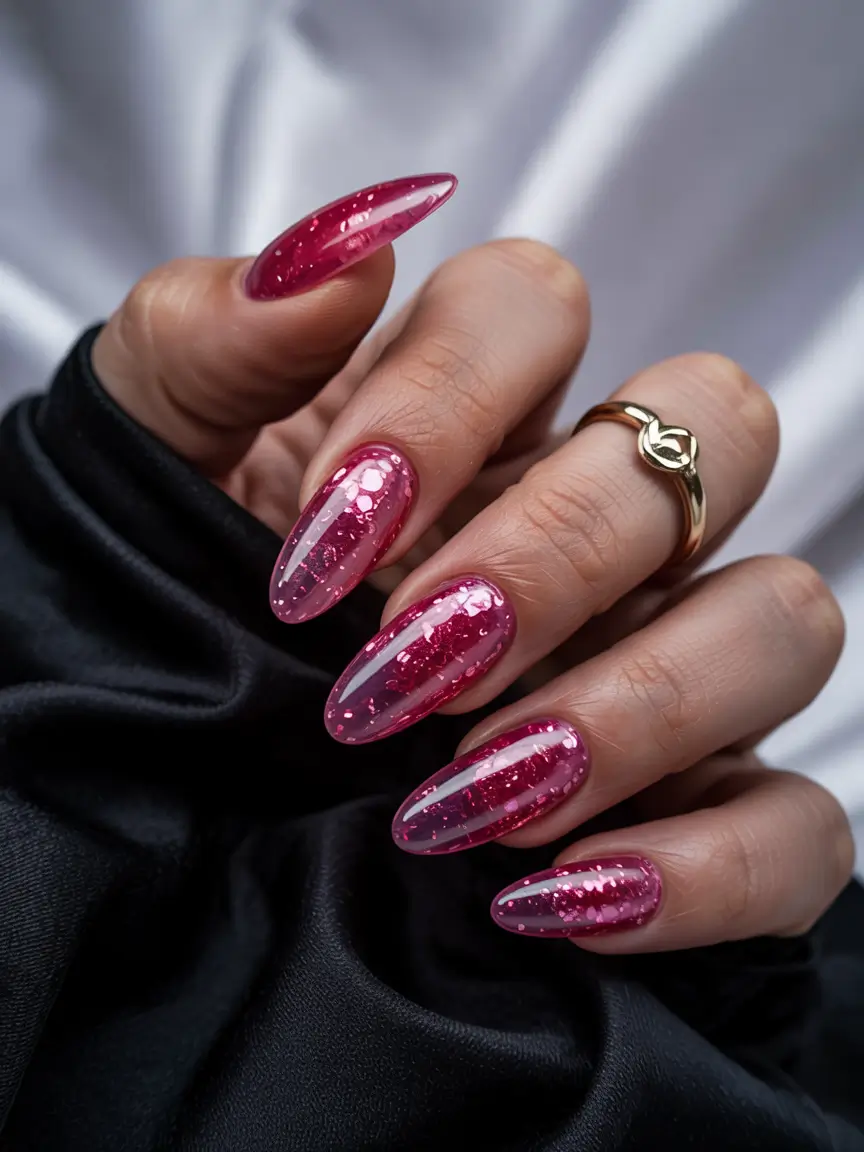 pink nails inspiration 2026 Sparkling Deep Pink Jelly Shine