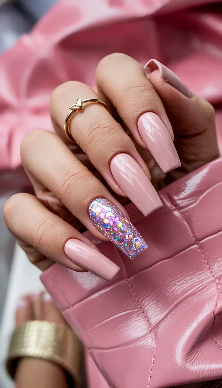 pink nails inspiration 2026 Blush Pink Elegance with Glitter Art Accent