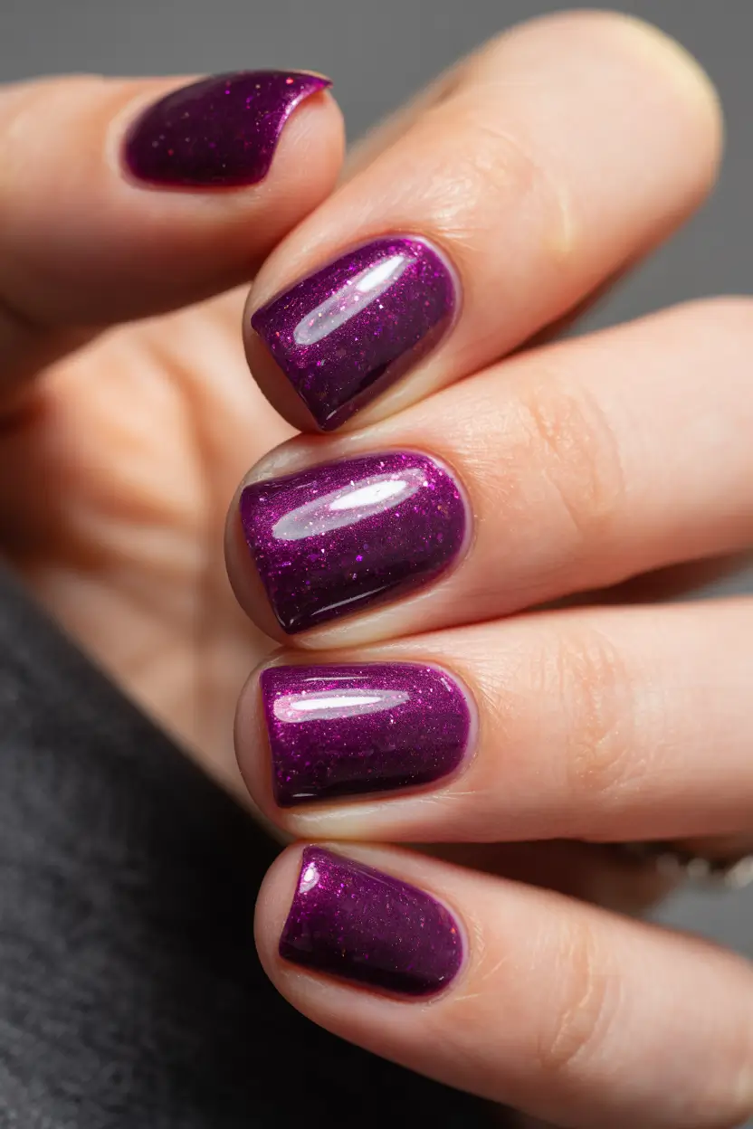 purple nails ideas Deep Berry Sparkle With a Glossy Finish