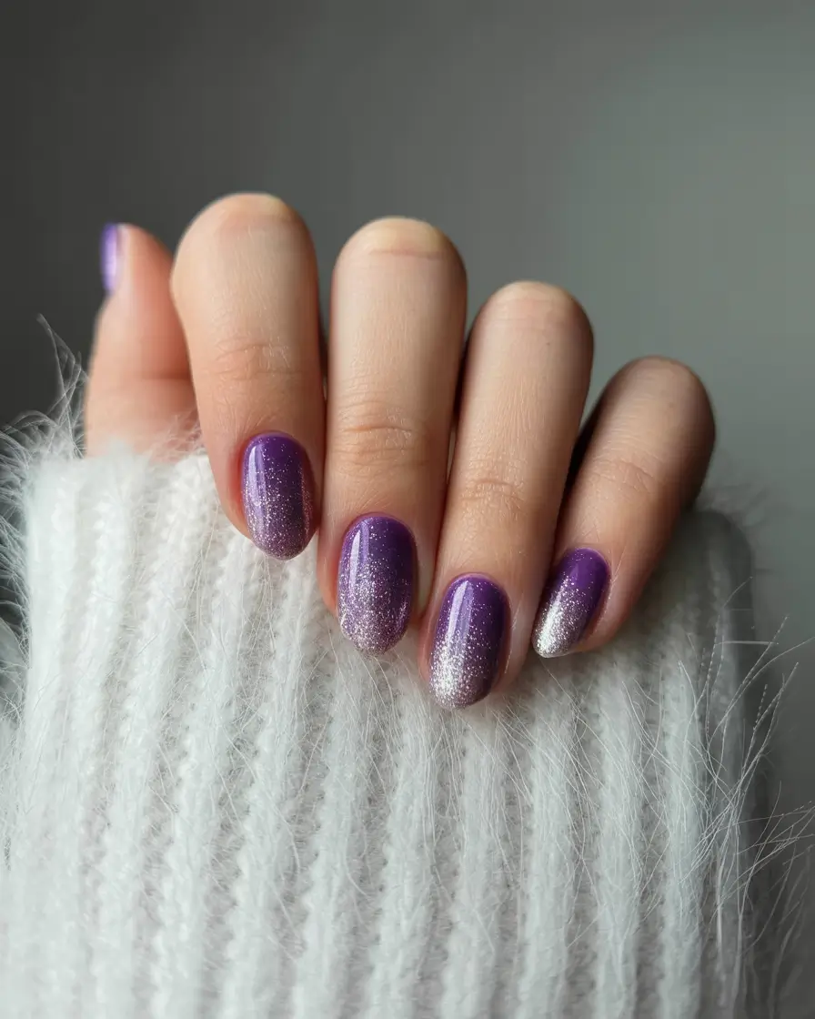 purple nails ideas Frosted Violet Gradient With Winter Sparkle