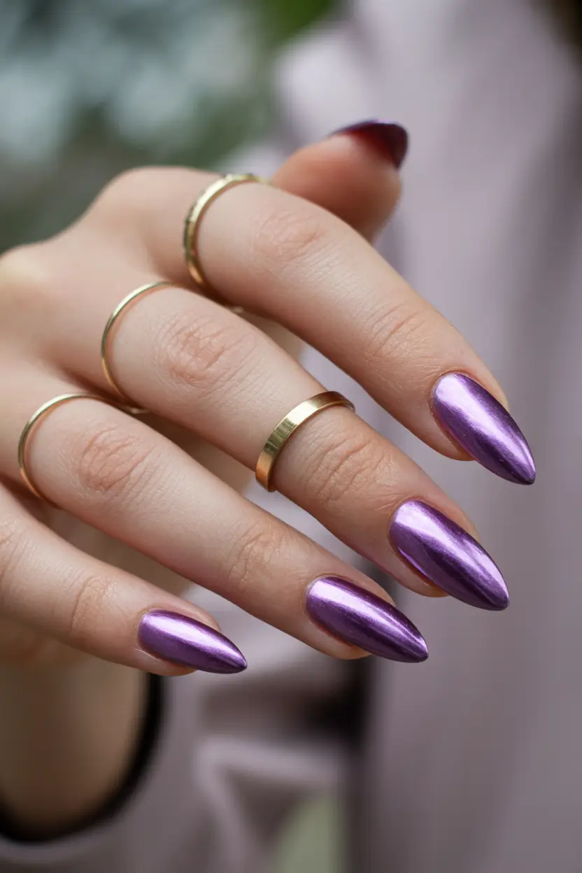 purple nails ideas Metallic Lavender Chrome for a Sleek Modern Edge