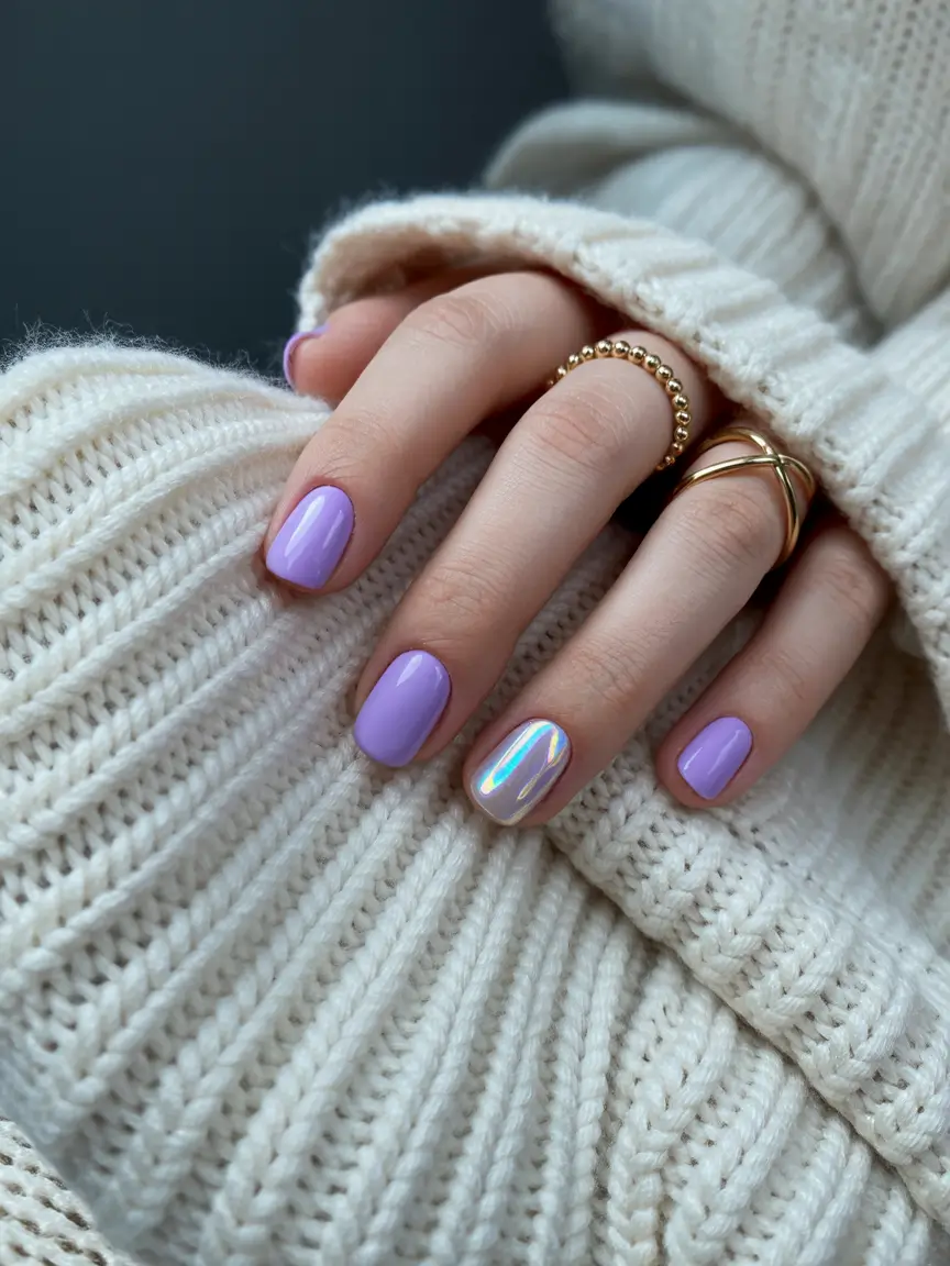 purple nails ideas Soft Lavender Shine With a Holographic Accent