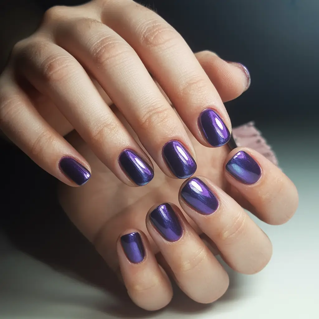 purple nails ideas Satin Violet Shimmer on Short Nails
