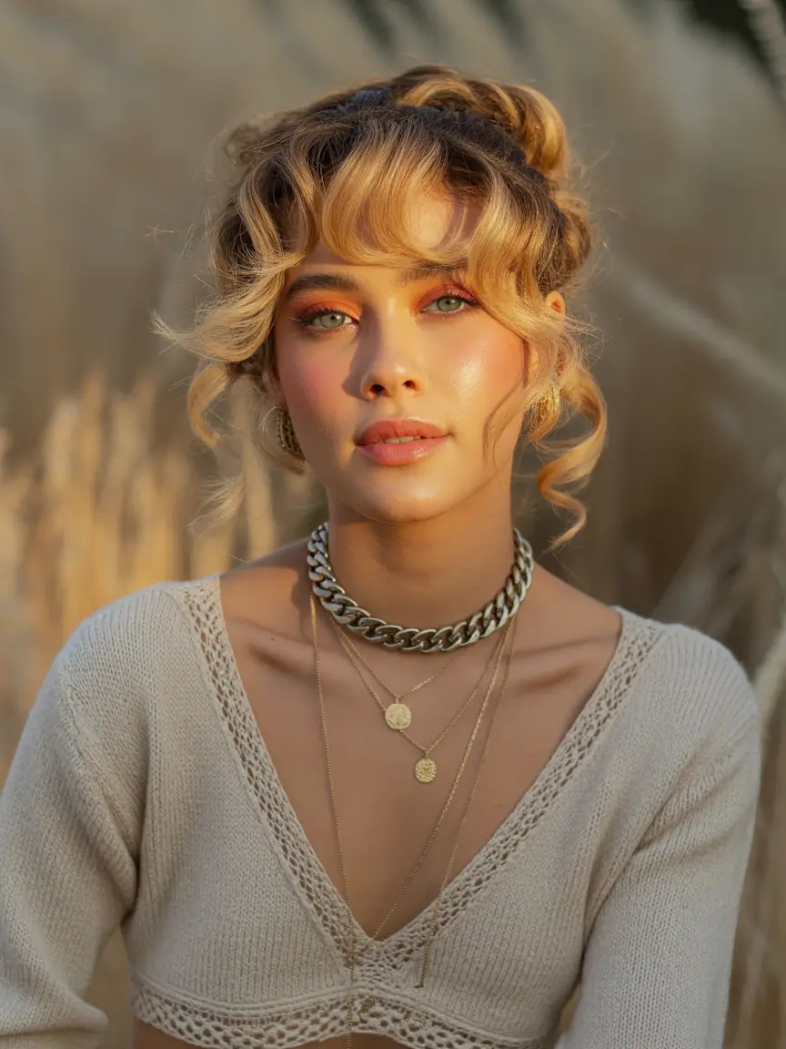 buns hairstyles Sunlit Curly Fringe Bun