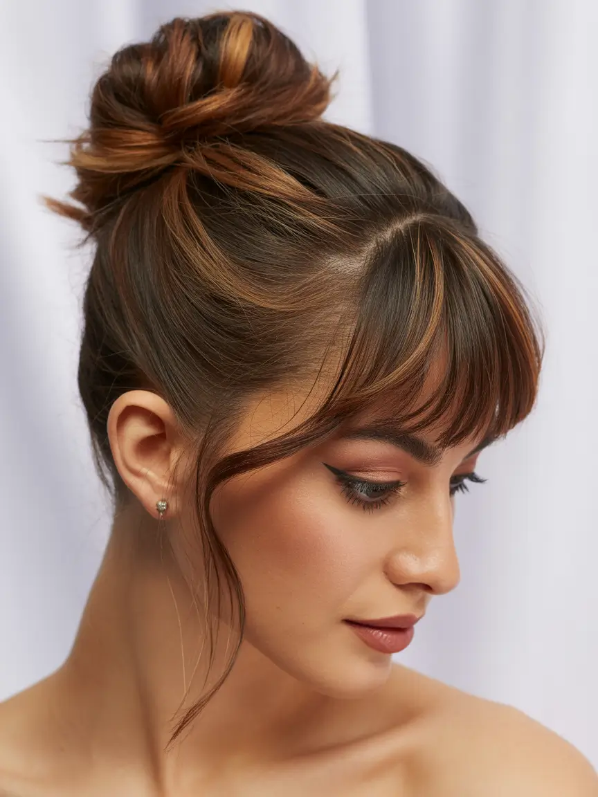 buns hairstyles Warm Cinnamon Fringe Bun