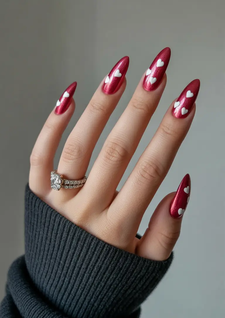red nails inspiration Romantic Cherry Almond With Heart Accents