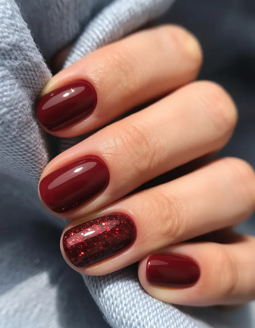red nails inspiration Short Glossy Dark Cherry With Glitter Accent