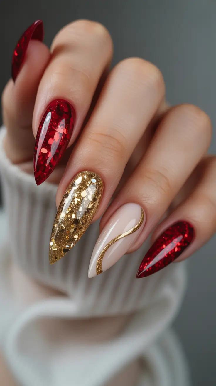 red nails inspiration Red And Gold Celebration Almond Set