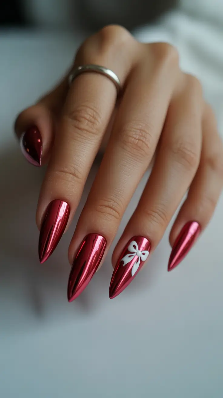 red nails inspiration Chrome Red Almond With White Ribbon Accent