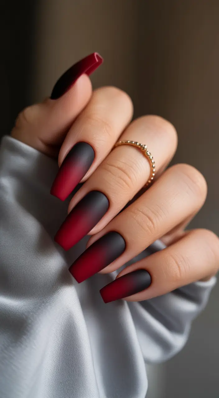 red nails inspiration Matte Black To Red Ombre Square Drama