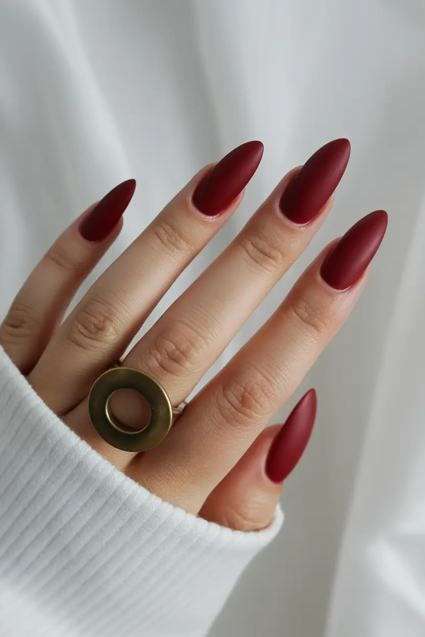 red nails inspiration Matte Mulled Wine Almond Minimalism