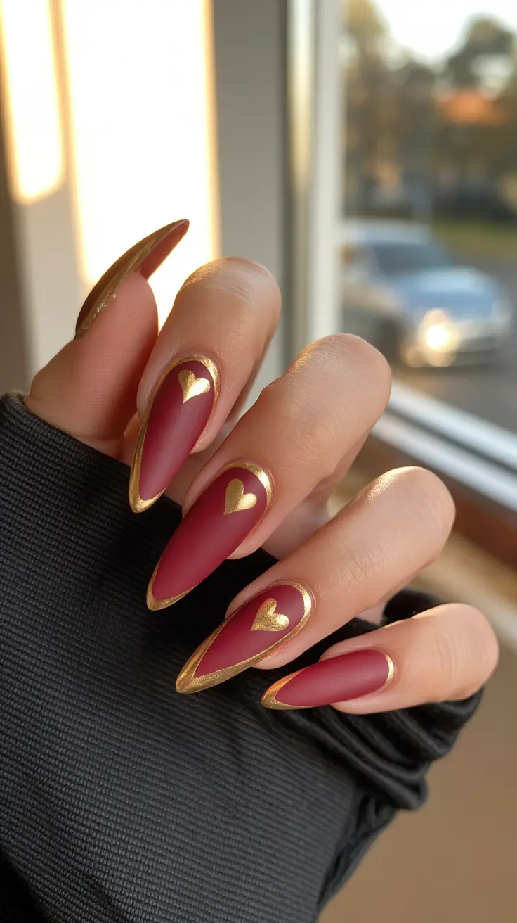 red nails inspiration Golden Heart Framed Velvet Red Almond