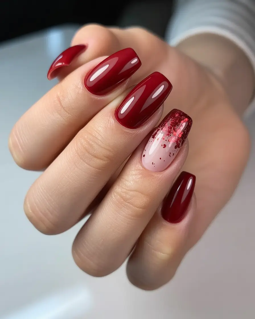red nails inspiration Soft Glitter Kissed Red Square Style