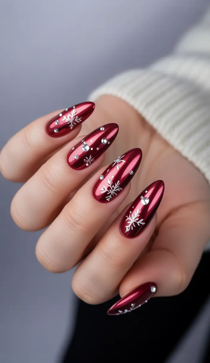 red nails inspiration Chrome Snowflake Almond Glamour
