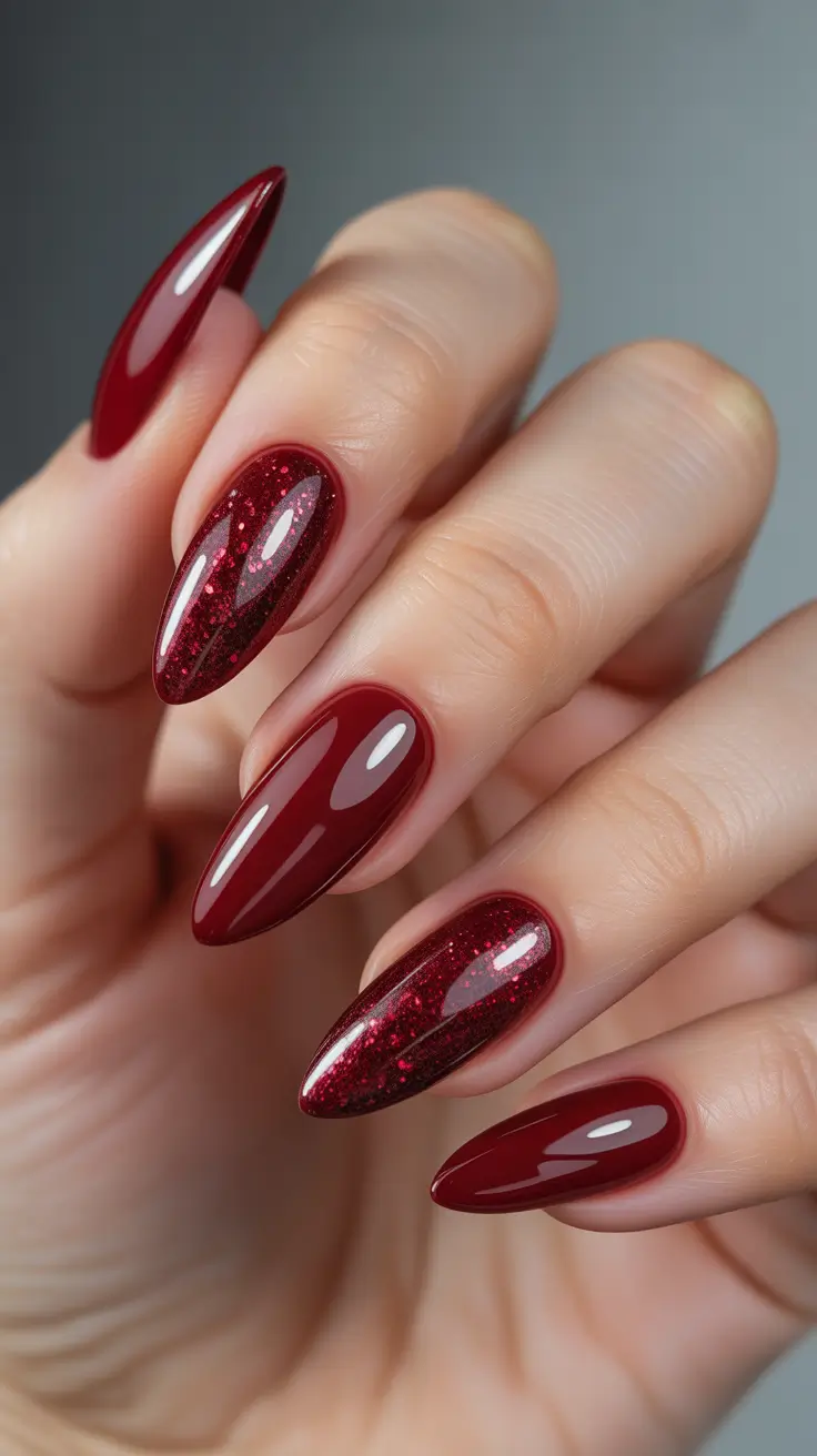 red nails inspiration Glossy Dark Cherry With Glitter Depth