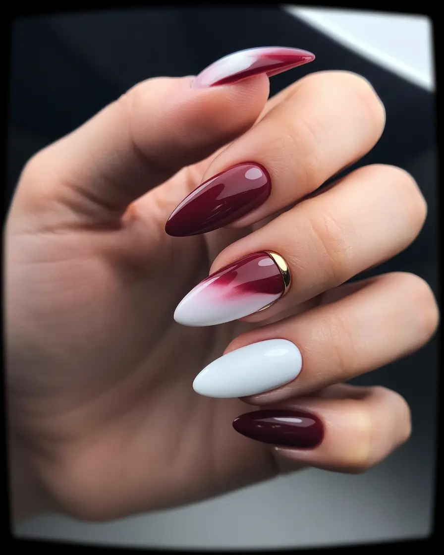red nails inspiration Gradient Red Almond Elegance With White Accents