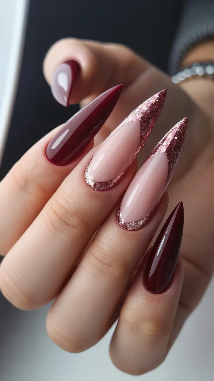 red nails inspiration Rose Gold Edged Almond Drama
