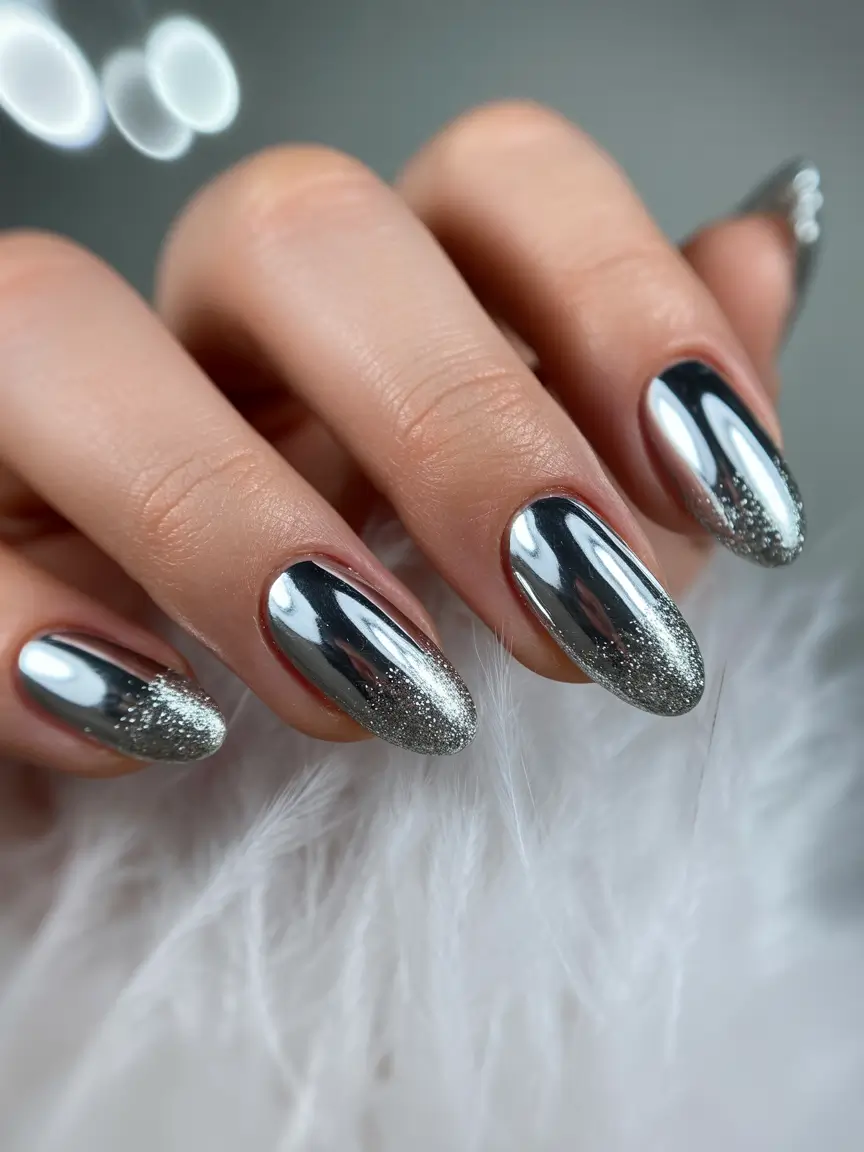 silver chrome nails 2026 Silver Almond Gradient Sparkle