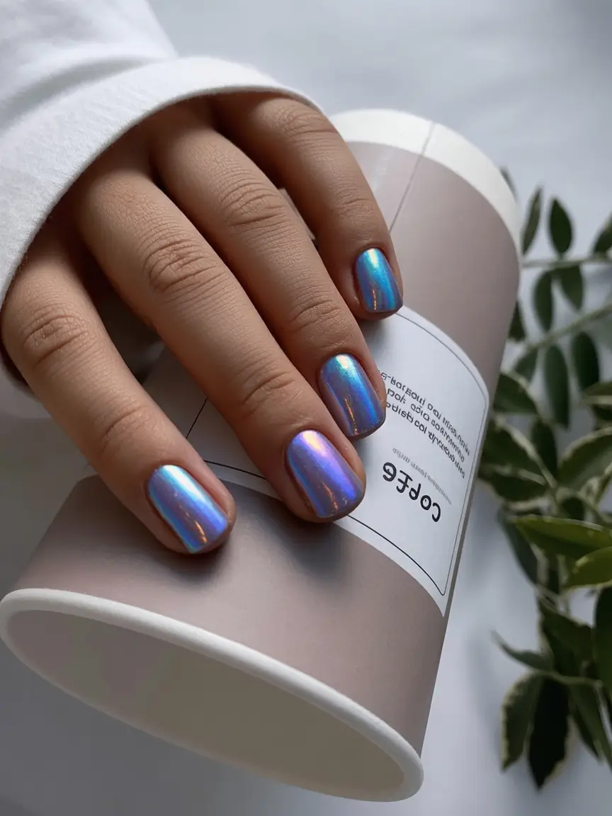 silver chrome nails 2026 Iridescent Blue Chrome Glow