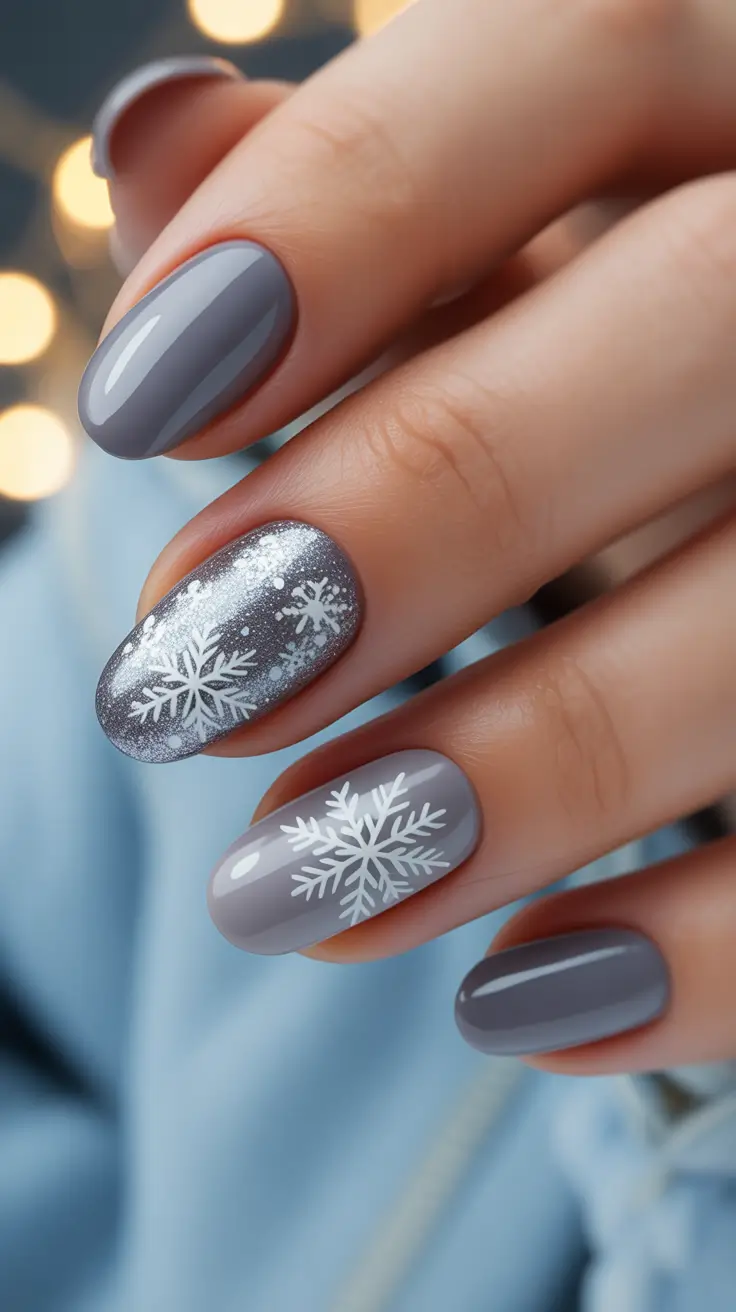 silver chrome nails 2026 Frosted Grey Snowfall Art