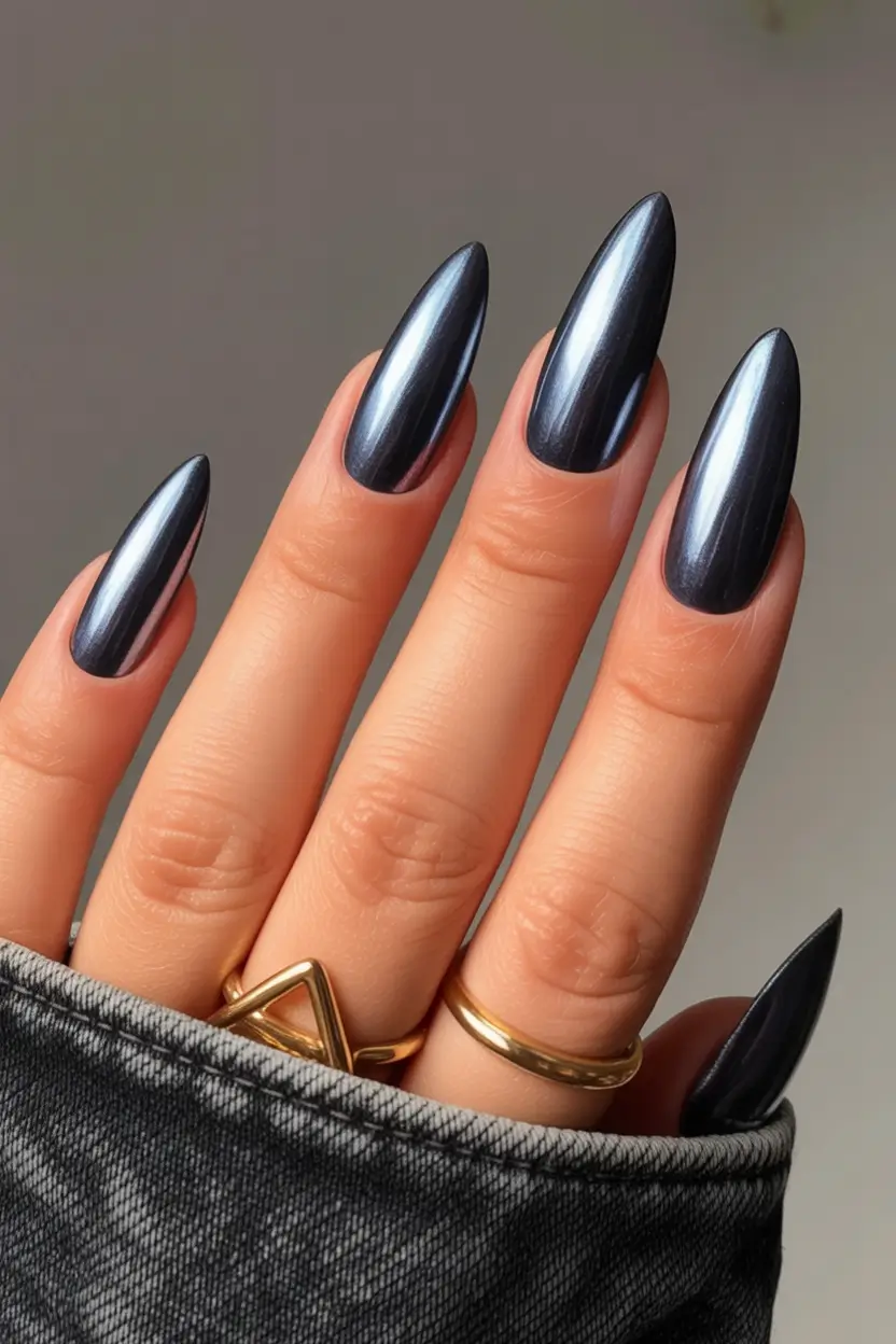 silver chrome nails 2026 Midnight Chrome Almond Sleek