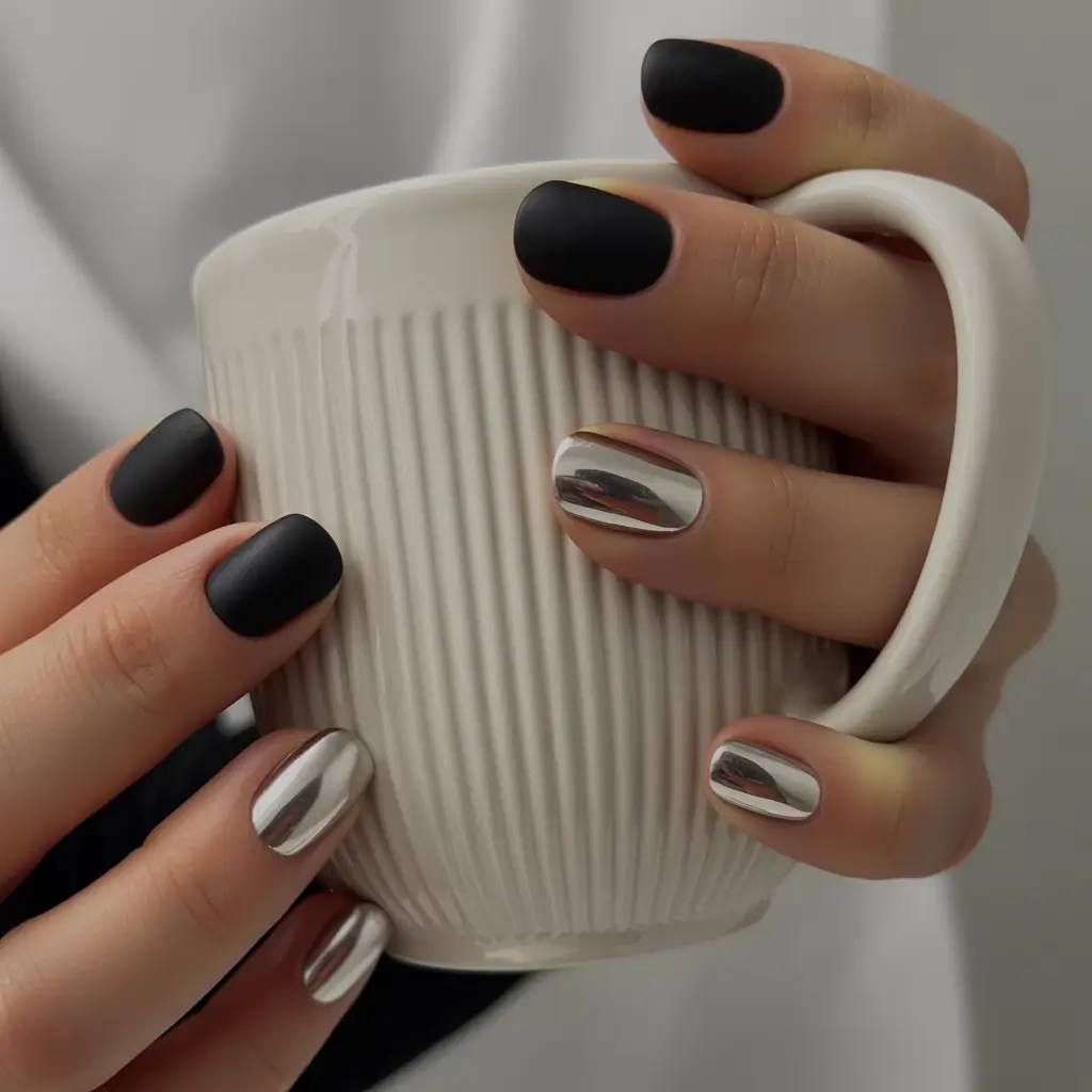silver chrome nails 2026 Matte Black With Chrome Accents