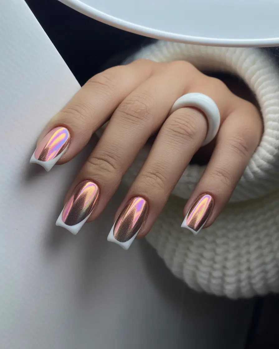silver chrome nails 2026 Pink Chrome French with Winter Glow