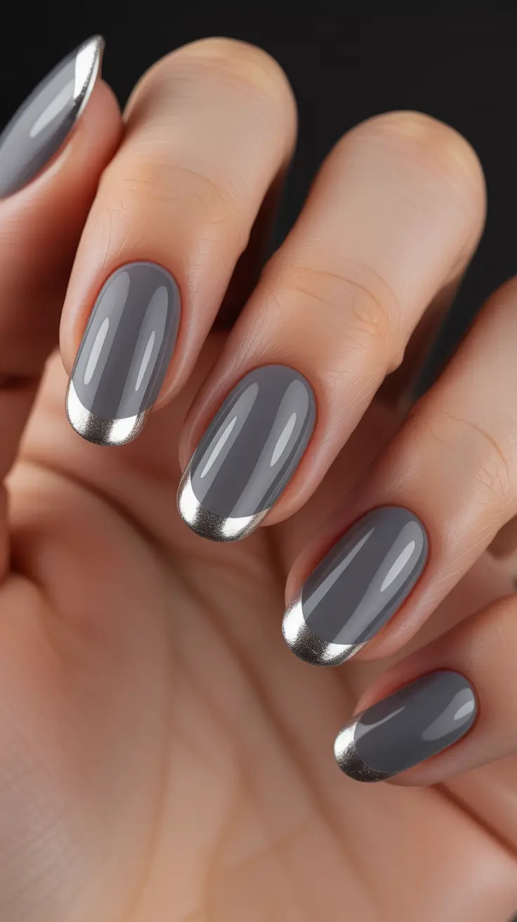 silver chrome nails 2026 Grey Chrome French Elegance