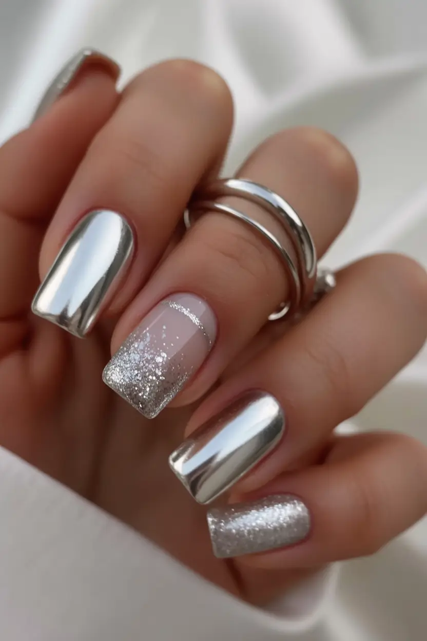 silver chrome nails 2026 Frosted Chrome Silver Glam
