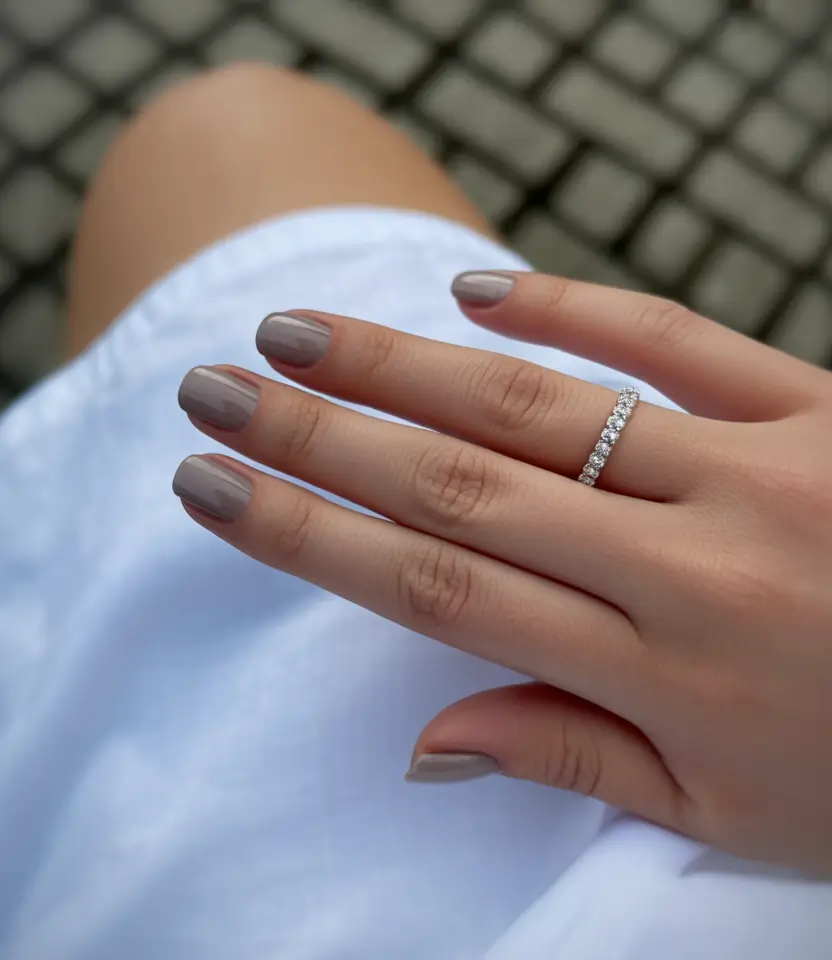 silver chrome nails 2026 Soft Taupe Shine With Silver Accents