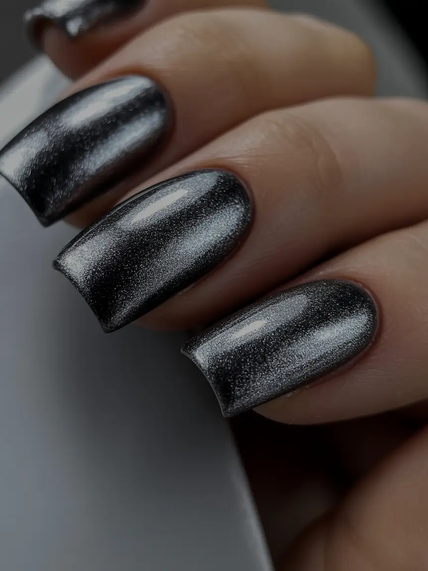 silver chrome nails 2026 Deep Graphite Chrome Glow