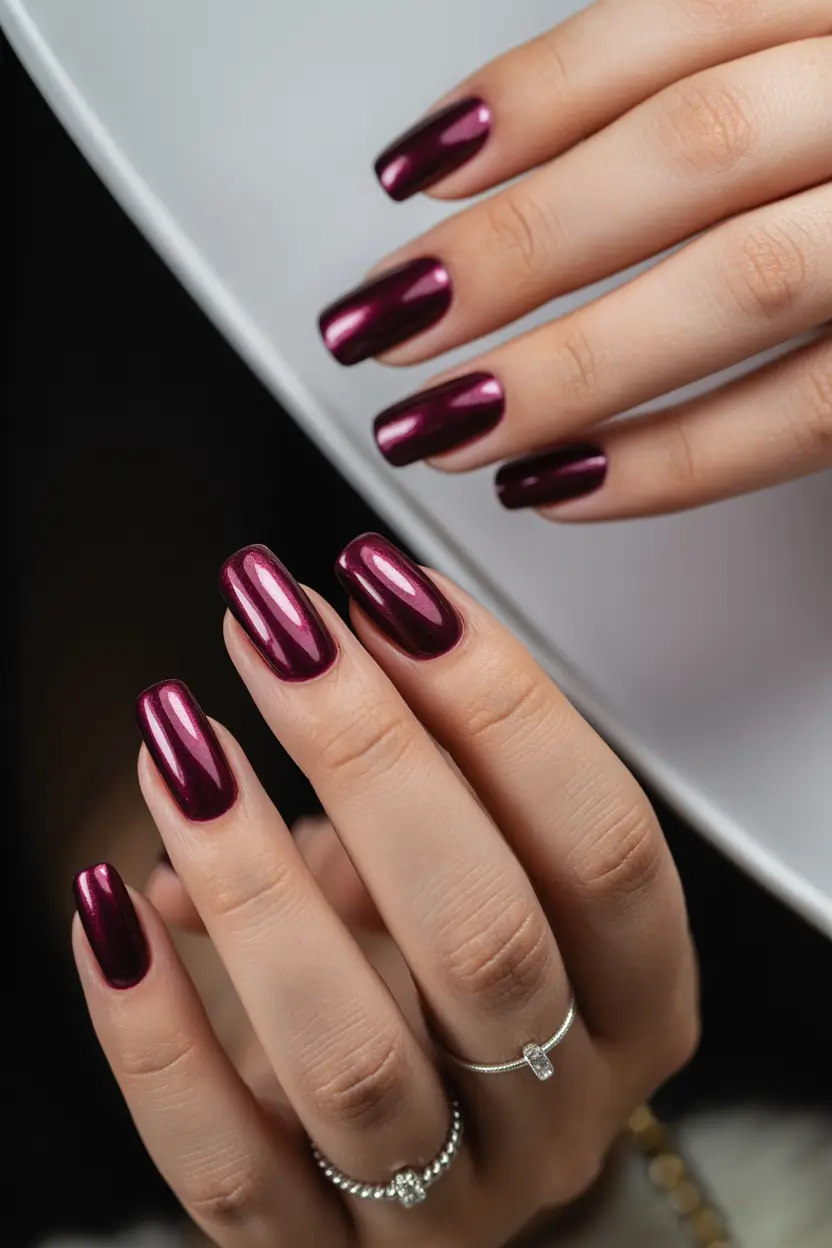 silver chrome nails 2026 Cherry Metallic Shine