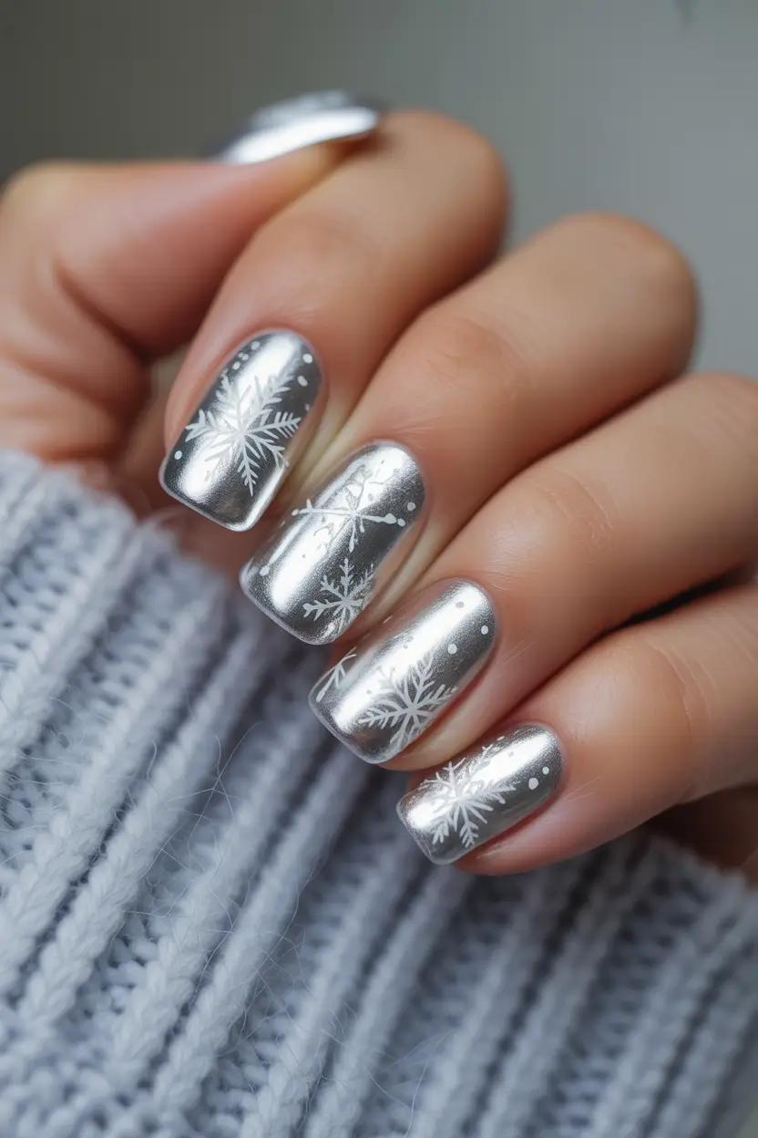 silver chrome nails 2026 Silver Snowflake Chrome Art