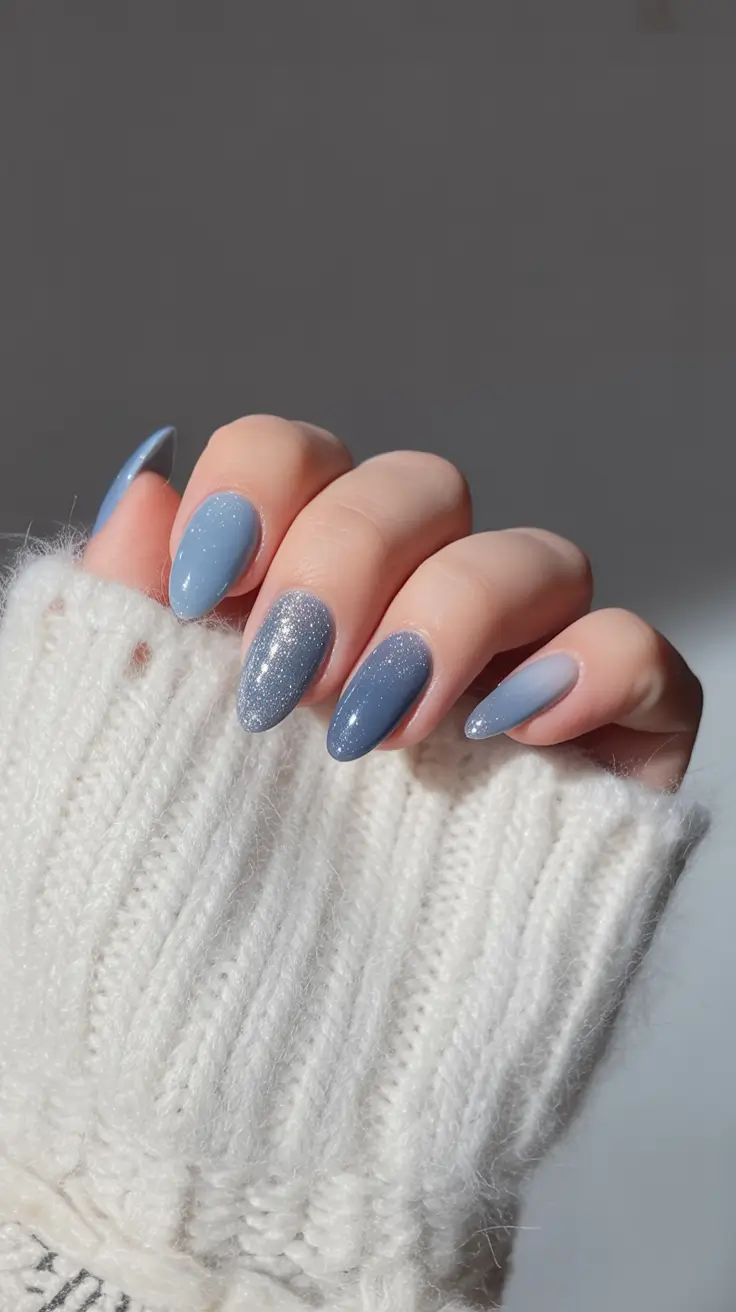 stylish almond nails 2026 Cozy Blue Gradient With Winter Sparkle