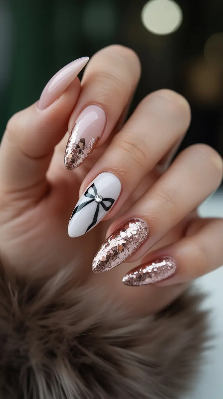 stylish almond nails 2026 Rose Gold Glam With a Ribbon Accent