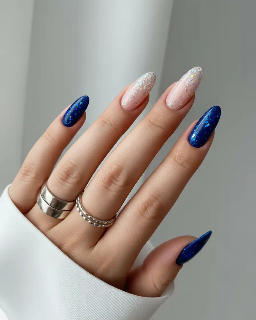 stylish almond nails 2026 Midnight Blue and Crystal Sparkle Harmony