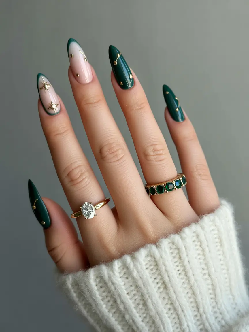 stylish almond nails 2026 Emerald Constellation Chic