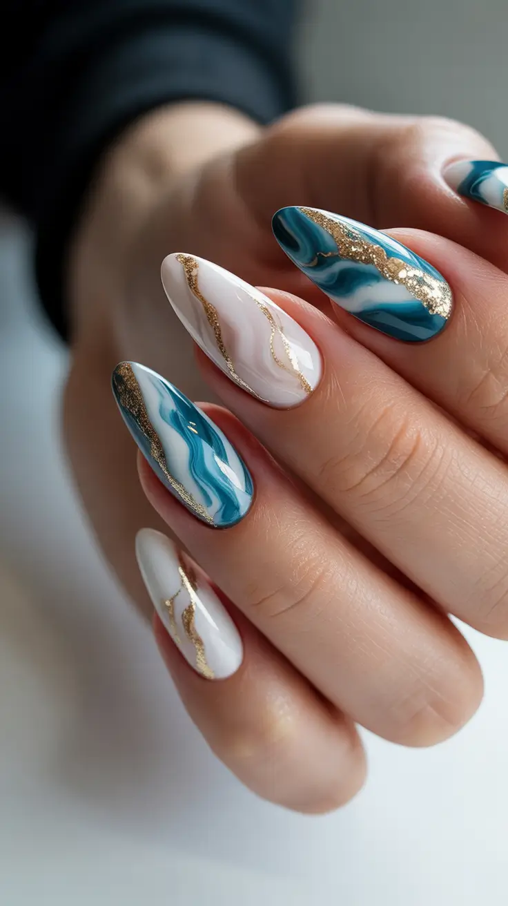stylish almond nails 2026 Teal Marble and Gold Drift