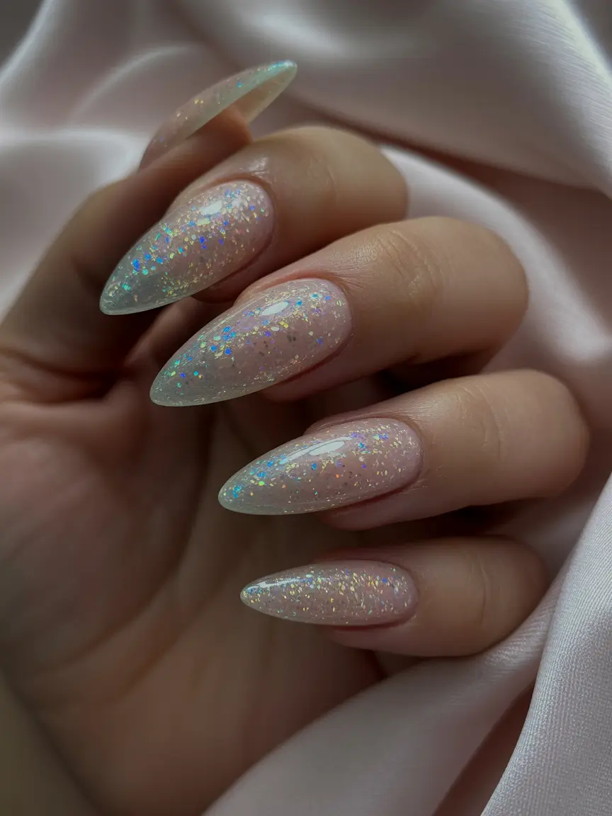 stylish almond nails 2026 Iridescent Fairy Dust Almond Glow