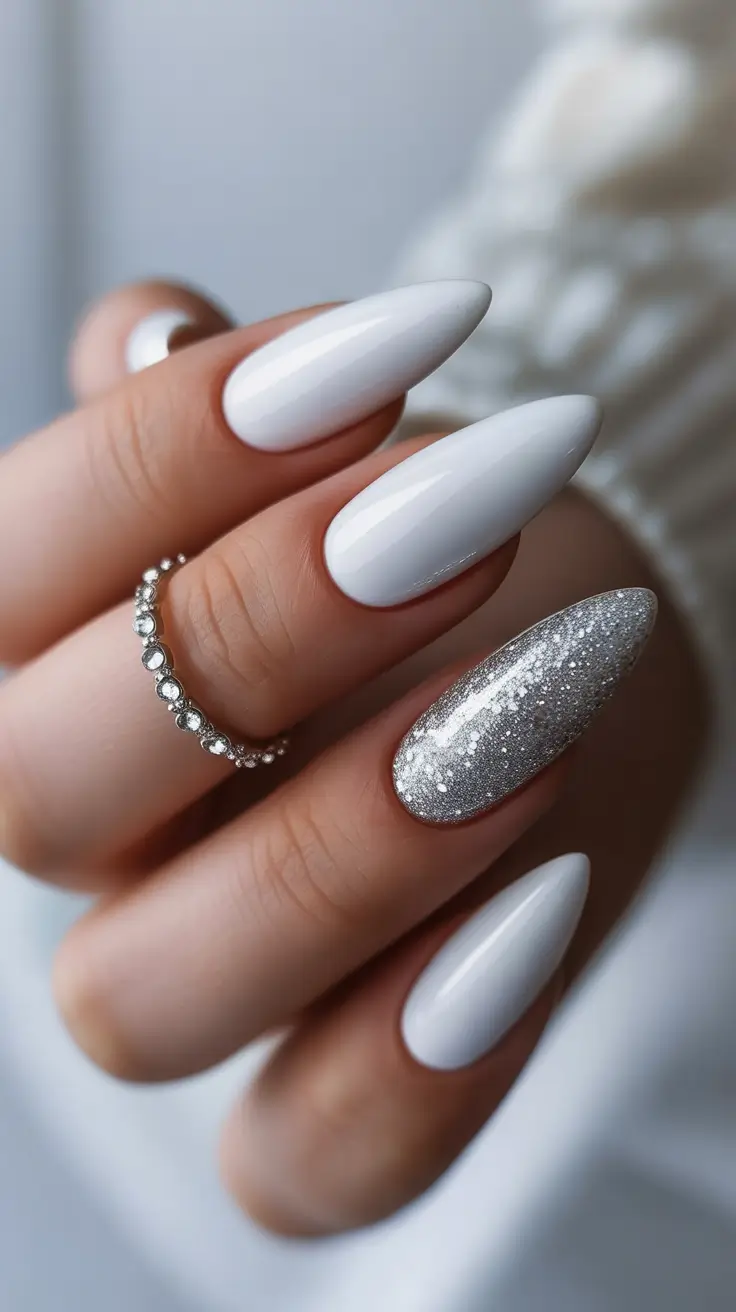 stylish almond nails 2026 White Satin Shine with Silver Accent