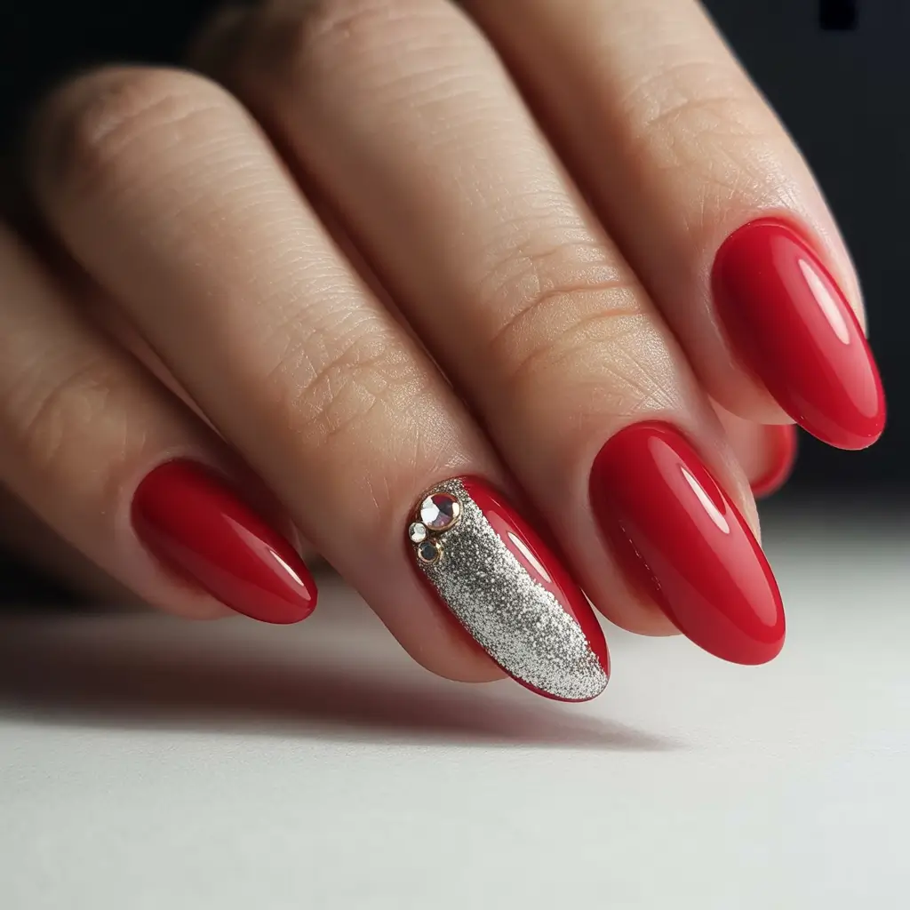 stylish almond nails 2026 Red Velvet Glam With Silver Detail