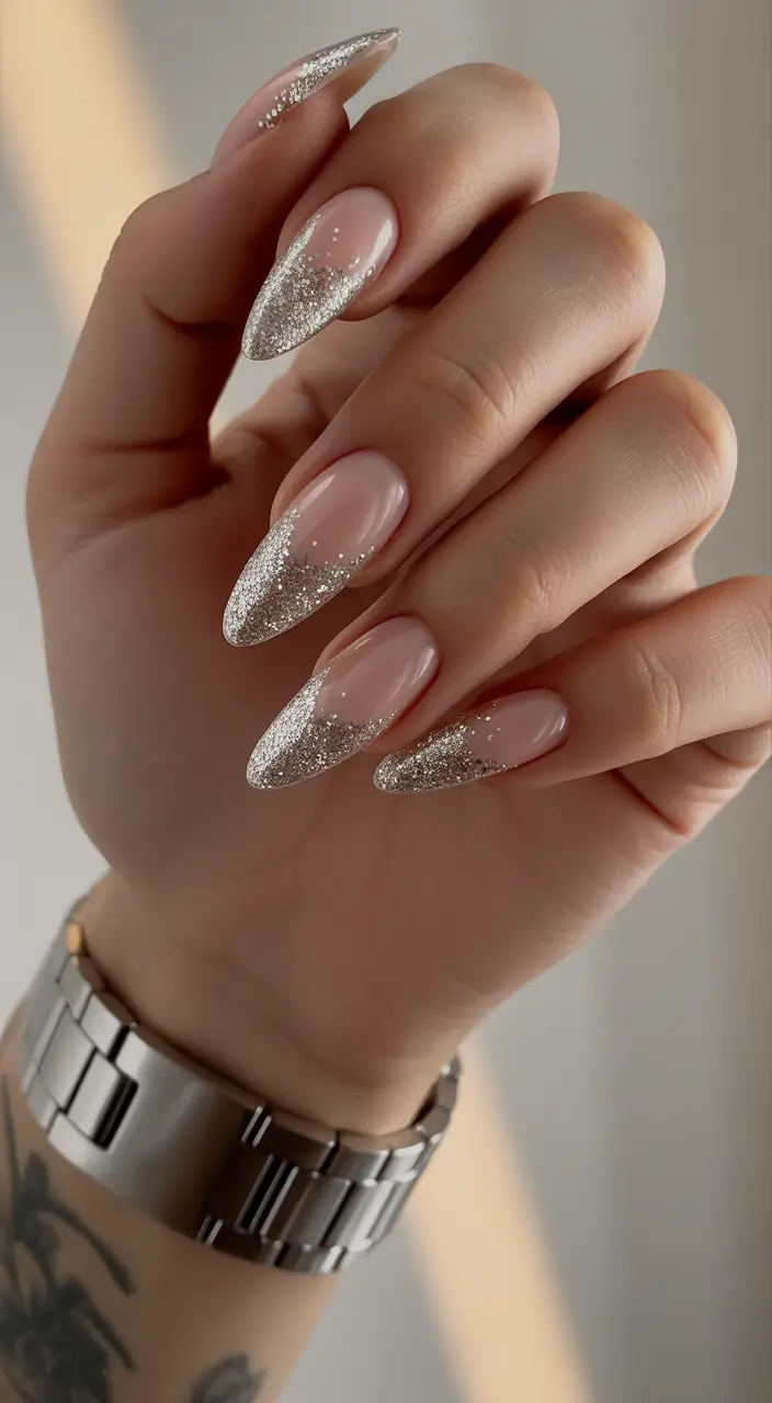 stylish almond nails 2026 Soft Nude With Silver Frosted Tips
