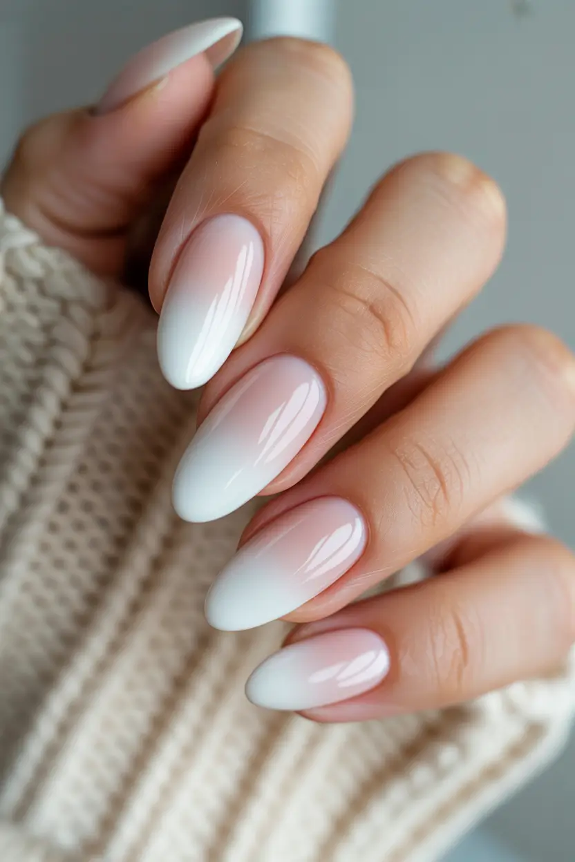 stylish almond nails 2026 Blush to White Almond Ombre Glow